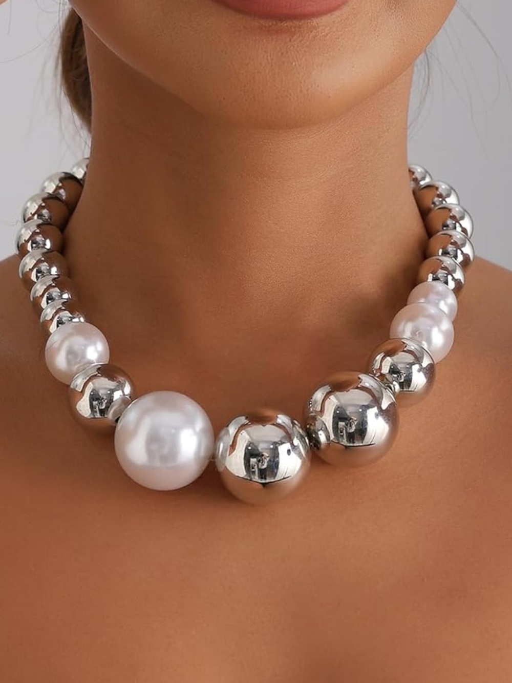 Anthropologie Silver and White Pearl-Style Beaded Necklace
